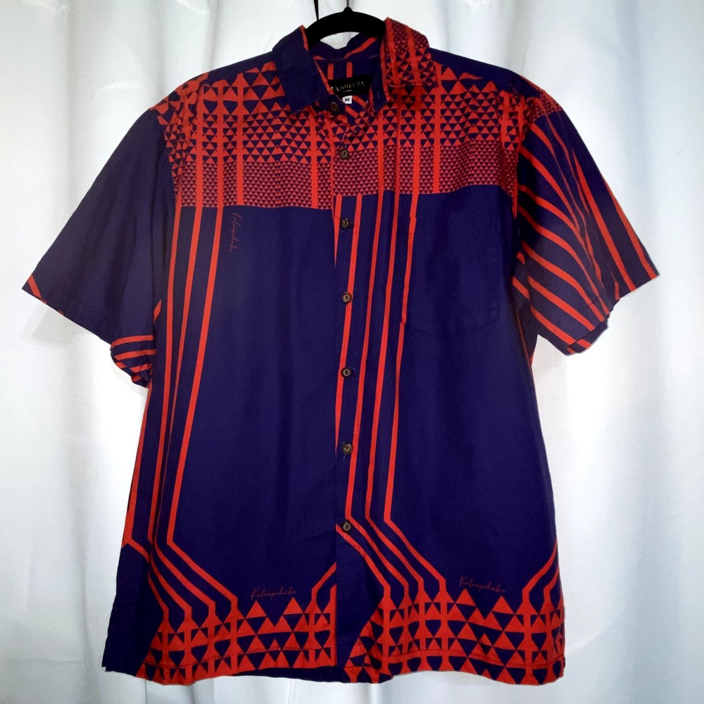LEXBREEZY Hawaiian Aloha Tribal Shirt Mens Medium Button Red & Blue Kalaepohaku